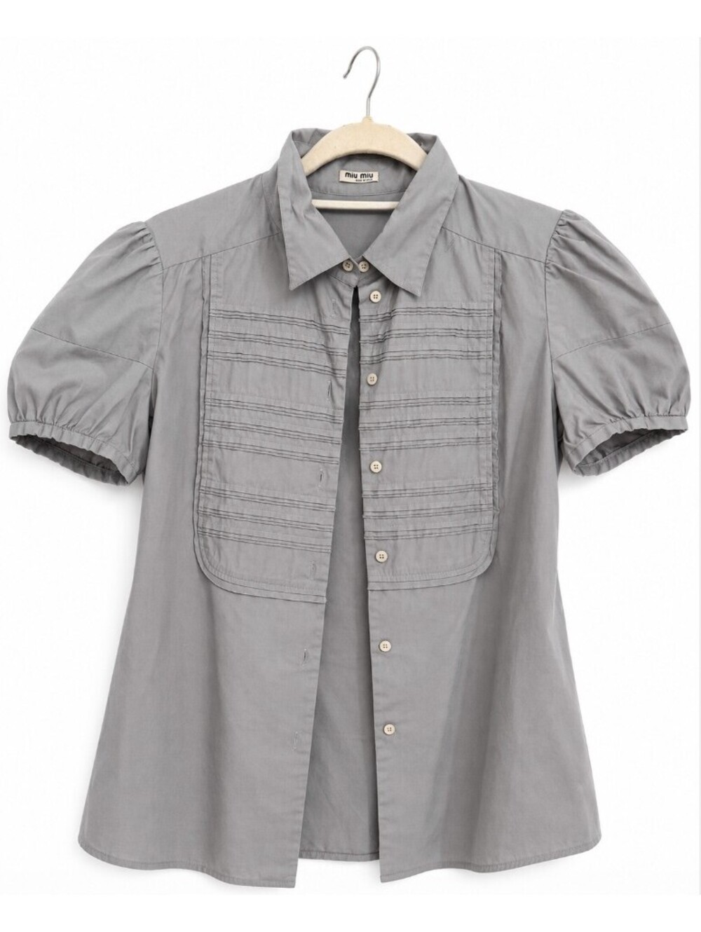 Miu Miu Women's Gray Short Sleeve Button-Up Shirt Size 44 Made in Italy